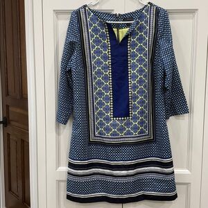 The Limited 3/4 sleeve tunic mini-dress blue & yellow Demask print Medium vneck